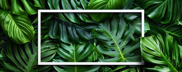 Aufkleber - White frame with copy space surrounded by lush green tropical monstera leaves