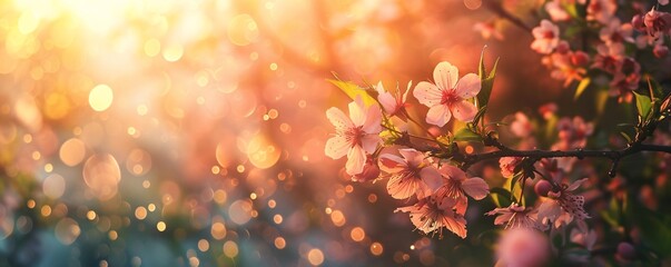 Aufkleber - Gorgeous pink cherry blossom flowers blooming on branch in garden at sunset with soft focus background - springtime beauty