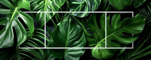 Aufkleber - White border creates three separate sections within a backdrop of vibrant green tropical foliage