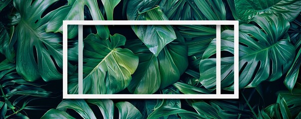 Aufkleber - White rectangular frame rests against a backdrop of vibrant, tropical monstera leaves