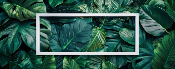 Aufkleber - Lush green tropical leaves surrounding a white frame, creating a natural backdrop