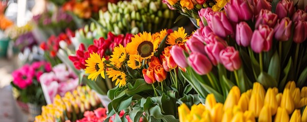 Aufkleber - Local flower market offering sunflowers, roses, and tulips for purchase