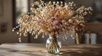 Aufkleber - a vase filled with dried flowers on a wooden table. The background features a blurred image of a person sitting in a chair.