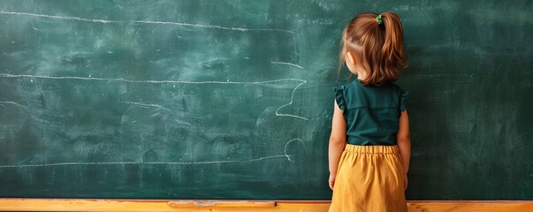 Aufkleber - Young student waiting in front of an empty chalkboard in a classroom, eager for the school day to begin