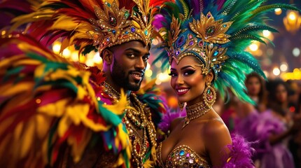 Poster - a man and a woman dressed in elaborate, colorful Carnival costumes, with the woman wearing a feather headdress and the man in a feathered mask. They are both smiling and appear to be participating in 