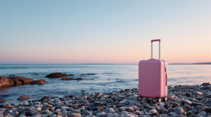 Aufkleber - a pink suitcase on a rocky beach with the ocean in the background. The sky is clear and blue, indicating a calm and serene atmosphere.