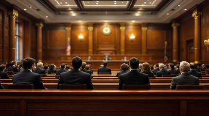 Aufkleber - a courtroom with a bench, a table, and several people sitting in chairs. The setting appears to be a formal and structured environment.