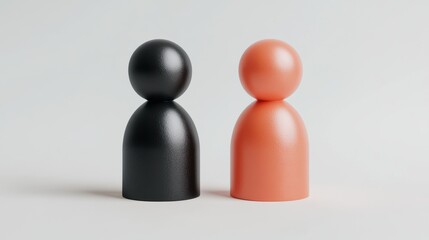 Wall Mural - Two minimalist figurines, one black and one peach, stand side by side against a light background, symbolizing contrast and diversity.