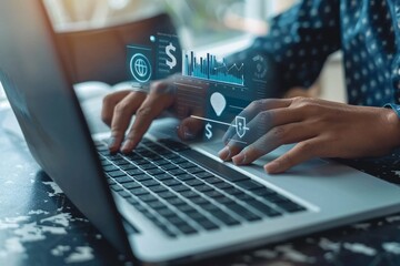 Poster - Professional woman using a laptop with holographic augmented reality displaying financial charts and data analysis