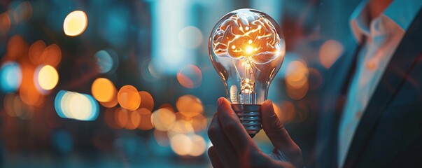 Leinwandbilder - Businessman holds a light bulb with a brain inside, representing innovative business ideas
