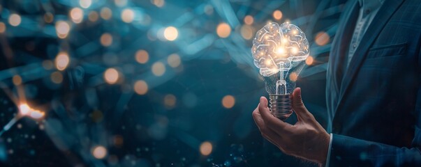 Leinwandbilder - Businessman holding a light bulb with a glowing brain inside, symbolizing innovation and creativity