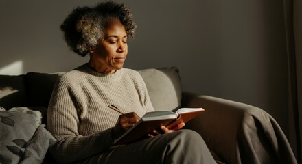 Wall Mural - Woman is sitting on a couch and writing in a book