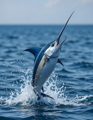 A vibrant blue marlin leaps out of the ocean, its dorsal fin extended. Perfect for marine biology, sport fishing, and wildlife conservation projects