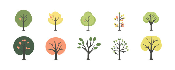 Wall Mural - Set of tree and leaf collection hand drawn flat design vector element. botanical set of bare trees and ones with leaves and lush green