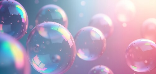 Poster - Abstract illustration of multiple colorful soap bubbles in mid-air. Soft pastel colors, light create dreamy, playful atmosphere. Bubbles appear transparent, shiny with iridescent rainbow reflections.