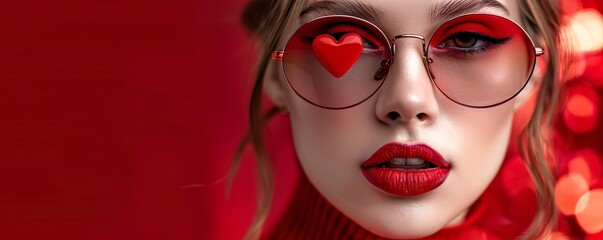 Poster - Gorgeous woman with red lipstick and heart shaped glasses posing against a red backdrop