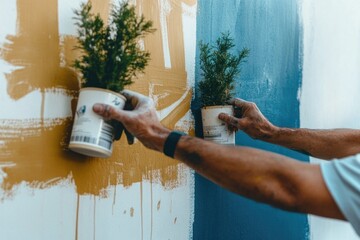 Hands holding plants against painted wall with brown and blue brush strokes