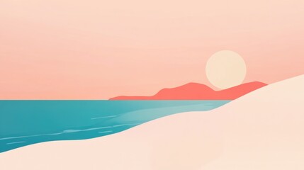 Wall Mural - Serene minimalist beach sunset with pink sky and calm waves