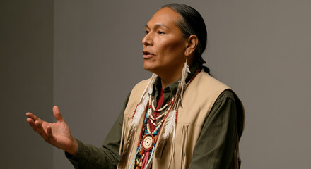 Wall Mural - Man wearing a vest and a necklace with feathers on it