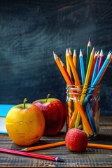 Poster - Back to school still life with colorful pencils, apples, and a book on a rustic wooden desk