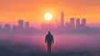 © Thiago - Silhouette walking towards foggy city skyline at sunset. Mystic Horizon. Illustration