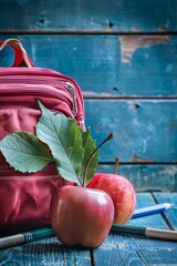 Poster - School backpack resting on a wooden desk with an apple for a midday snack