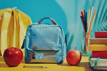 Poster - Back to school concept featuring a blue backpack surrounded by apples, books, and colored pencils on a vibrant yellow desk