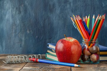 Poster - School supplies still life with colorful pencils, books, apple, and blue pencil on desk