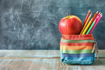 Poster - Back to school theme with a vibrant red apple and colorful pencils in a rainbow-patterned holder