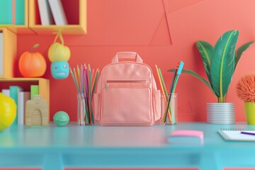 Poster - Pink backpack is sitting on a student's desk with school supplies in a stylized classroom