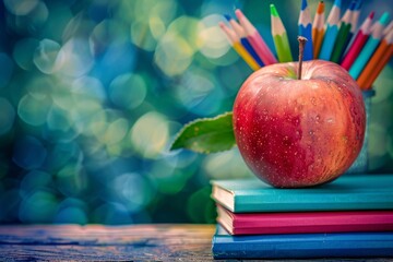 Poster - Back to school symbol: red apple and colorful pencils on books against green bokeh background