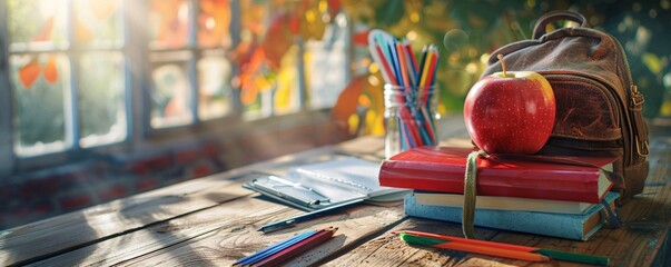 Poster - Back to school concept with apple on books and backpack on wooden table in front of window