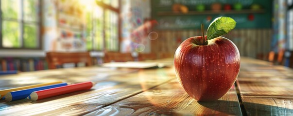 Aufkleber - Red apple with a green leaf sits on a desk in an empty classroom with the sun shining through the window