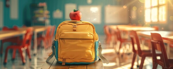 Aufkleber - Sunny classroom with an empty desk features a yellow backpack topped with an apple