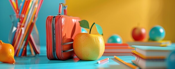 Poster - Back to school concept with a lunchbox, an orange and school supplies on a desk with a bright, colorful background