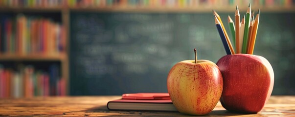Poster - Back to school: two red apples and a notebook on a desk with a blackboard and shelves of books in the background
