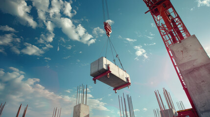 Poster - Construction crane lifting concrete block against blue sky