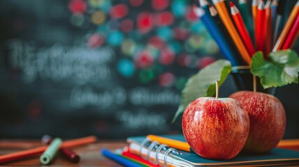 Aufkleber - Pair of red apples sit atop notebooks, surrounded by colorful pencils and a blurry chalkboard in the background