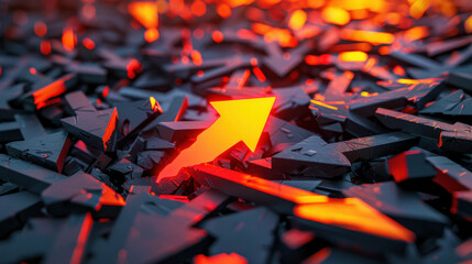Poster - Abstract red arrow on dark textured surface, symbolizing growth and direction amidst chaos, conveying sense of progress and determination