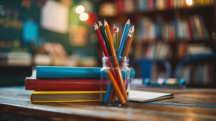Aufkleber - Colorful pencils in a glass jar alongside a stack of books on a wooden table in a warm and inviting library