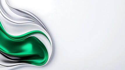 Poster - Abstract green and silver flowing waves on white background.