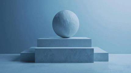 Poster - minimalist blue composition featuring spherical object on geometric pedestal, creating serene and mo