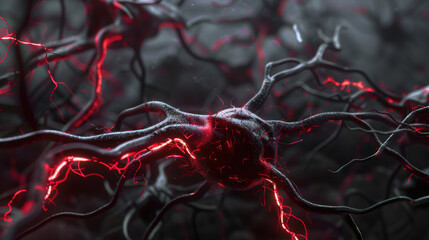 Poster - neurons with glowing red connections in dark background, representing neural activity and brain func
