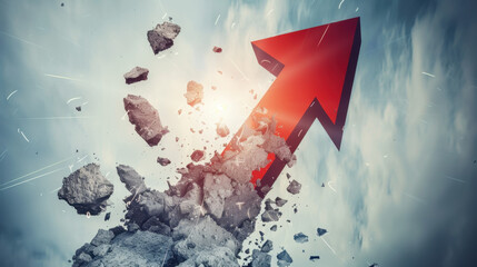Poster - Red arrow breaking through debris, symbolizing growth and progress, with dramatic sky in background, conveying sense of upward movement and determination
