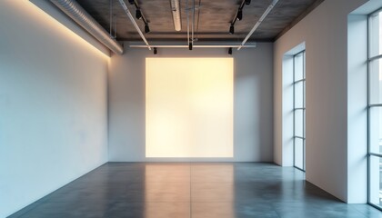 Poster - Empty contemporary office corridor. Illuminated wall perfect for 3D mockup rendering. Modern design. Empty space ideal for products concepts. Spacious hallway. Stylish building interior. Great for