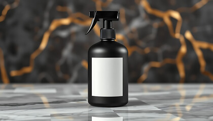 Wall Mural - Matte black spray bottle mockup with blank white rectangular label, placed on polished marble surface with gold accents in the background