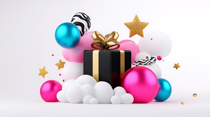 Poster - Black gift box with gold ribbon surrounded by colorful balloons and stars on white background.