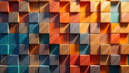 Fototapete - Abstract design with colourful geometric shapes. Square blocks create 3D wall pattern. Variety of hues, shades make vibrant visual. Perfect for modern design theme. Suitable for wallpapers, banners,