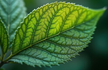 Poster - Close-up view of vibrant green leaf vein structure. Detailed intricate network of veins visible. Natural light highlights complex pattern, delicate texture. Leaf edge serrated. Nature beauty at