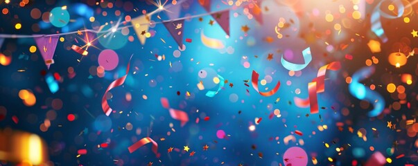 Poster - Vibrant confetti cascading at a festive event with blurred lights in the background